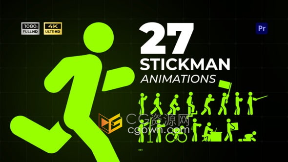 27个Stickman风格火柴人角色动画贴纸元素免费下载PR模板