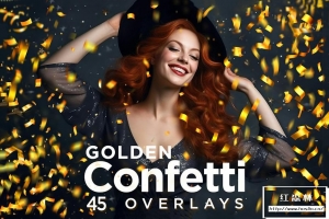 【图片素材】45张金色纸屑喷撒节日婚礼庆祝摄影叠加素材 45 Golden Confetti Photoshop Overlays, Glitter